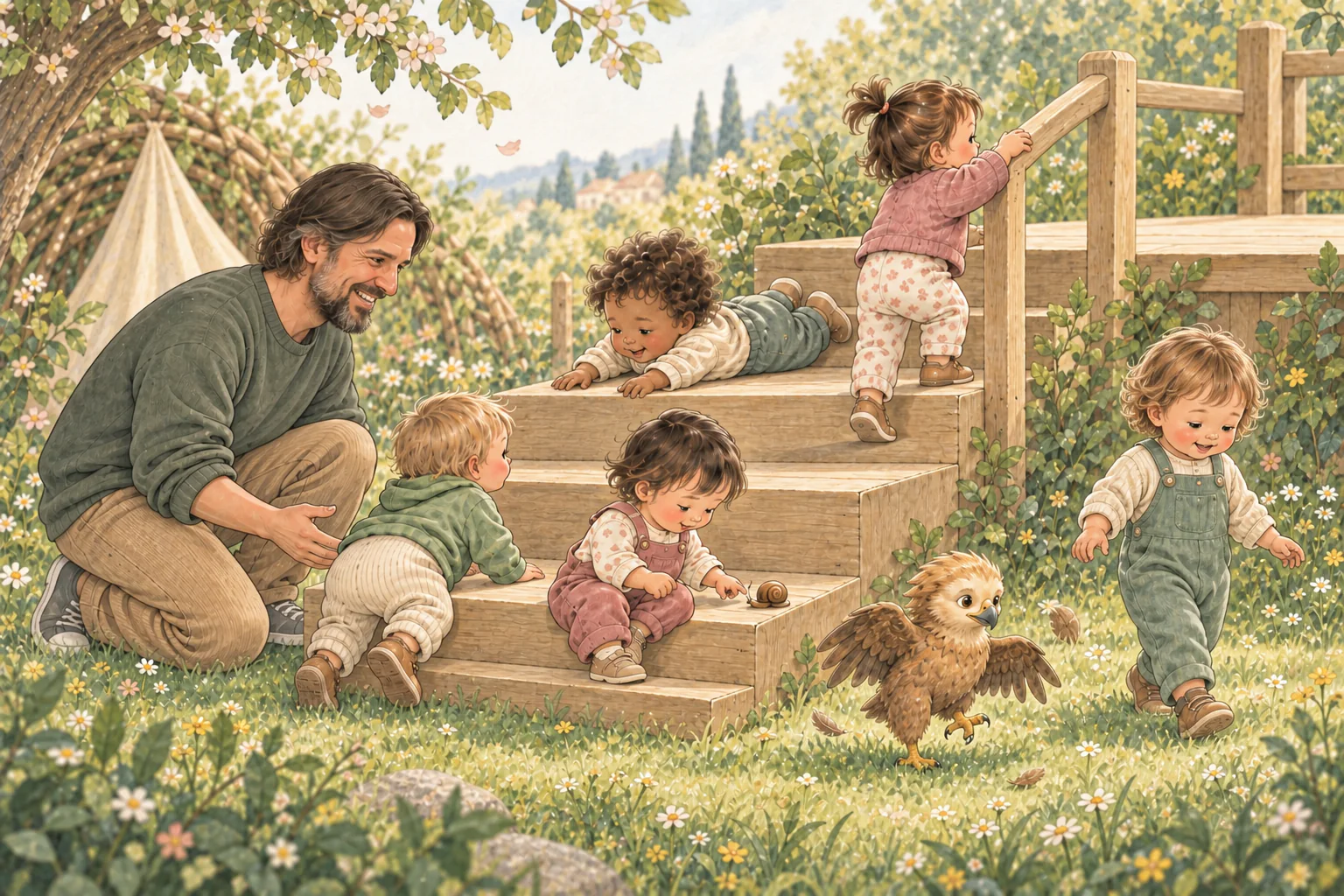 Fünf Kleinkinder entdecken verschiedene Wege an einer niedrigen Holztreppe; Michael begleitet sie und ein Adlerküken übt am Boden das Flattern.